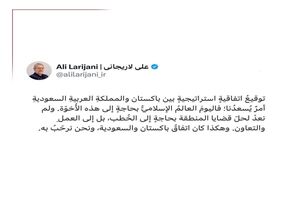 لاریجانی: از امضای توافق راهبردی پاکستان و عربستان استقبال می‌کنیم