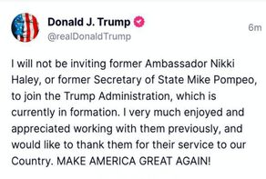 Trump announces Pompeo, Haley not in his administration