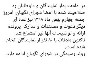 تاکنون ملاقات با 80 نفر از نمایندگان انجام شده است./ روند رسیدگی در شورای نگهبان ادامه دارد.